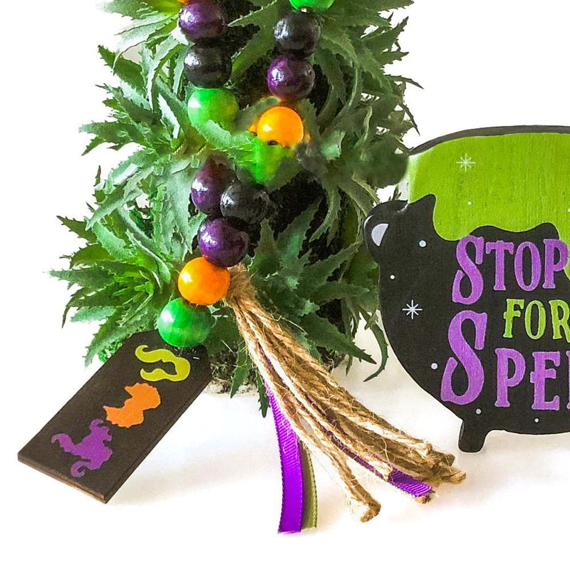 Witches Cauldron Sign Tiered Tray Decor Bead Garland Faux Book Stack