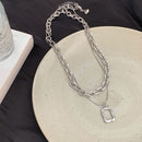 Stainless Steel Multilayer Necklace Square Pendant Double Layer Long Link Chain