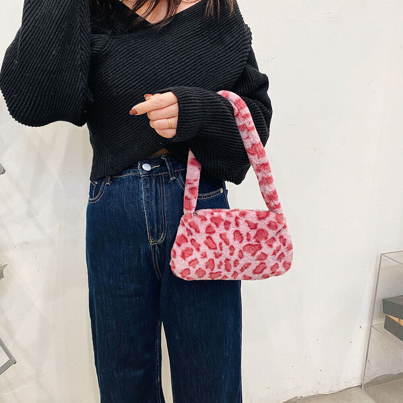 Animal Pattern Underarm Bag Women Mini Plush Shoulder Handbags Purse (9)