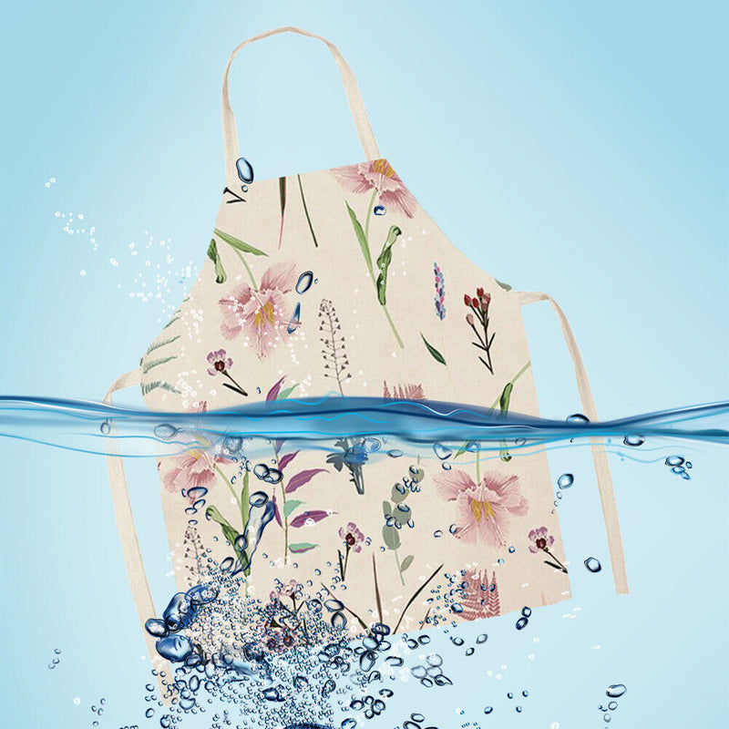 Fresh Flower Printed Linen Apron Kitchen Waterproof Bibs Pinafore (82x68cm)