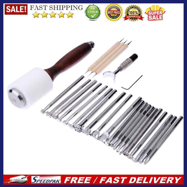 25PCS/Set Manual Leather Carving Stamp Hammer Embossing Beveler Tools Kit