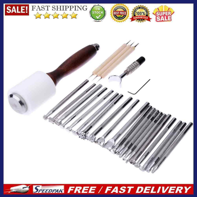 25PCS/Set Manual Leather Carving Stamp Hammer Embossing Beveler Tools Kit