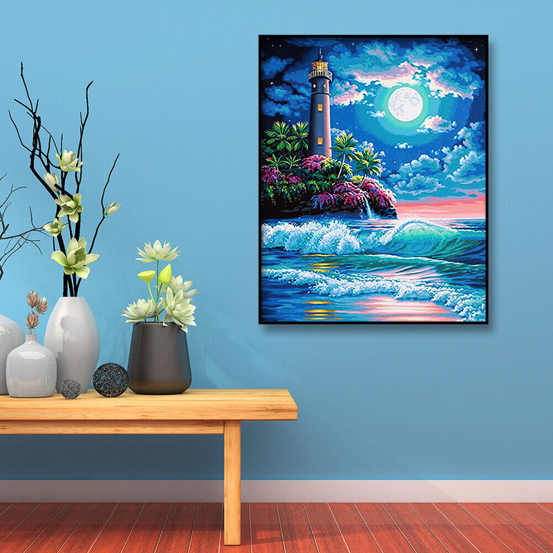 Lighthouse Full Moon 5D DIY Full Square Diamond Painting Digital Coloring M