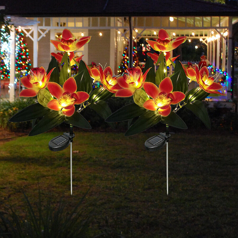 2x LED Solar Garden Orchid Light Waterproof Landscape Fence Decor (Orange)