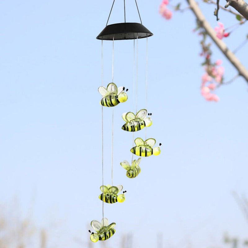 Solar Power Wind Chime Lamps Honey Bee Outdoor Hanging Light Home Garden Decor