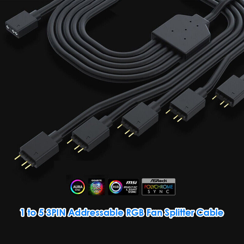 1 to 5 3PIN Addressable RGB Fan Splitter Cable Cord for Chassis PC Case CPU