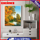 Autumn Forest Lake Landscape Oil Paint By Number Kit Rimless Drawing Picture