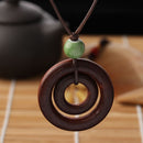 Jewelry Brown Bead Women Wood Necklace Rope Chain Double-circle Pendant Long
