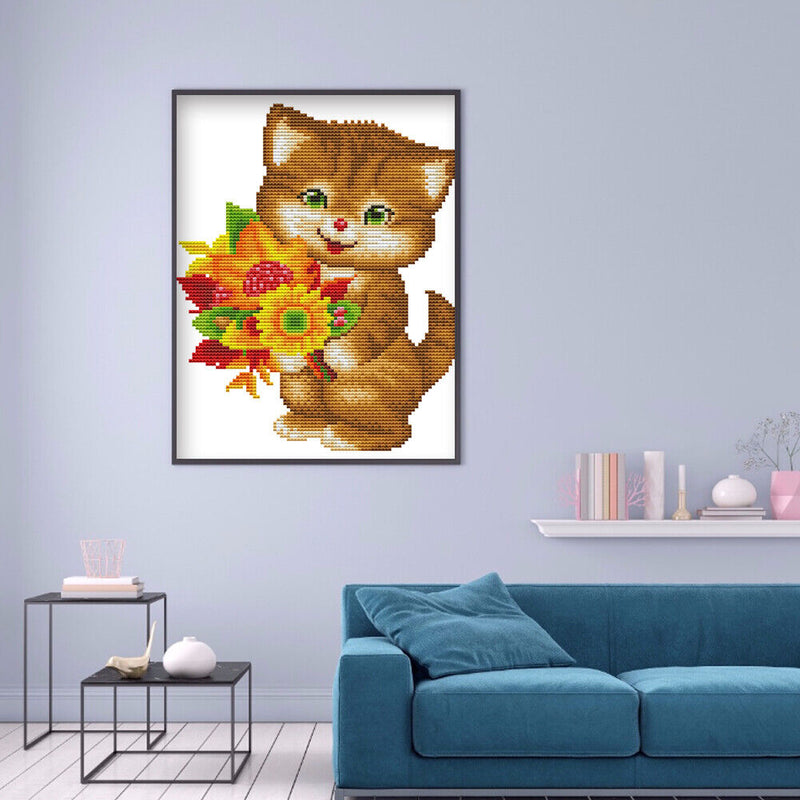 14CT Counted Cross Stitch Kits DIY Sunflower Cat Embroidery Home Needlework