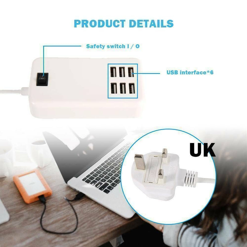 1.5m Cable Multi 6-Ports Portable Power Supply USB Phone Charger Socket Adapter