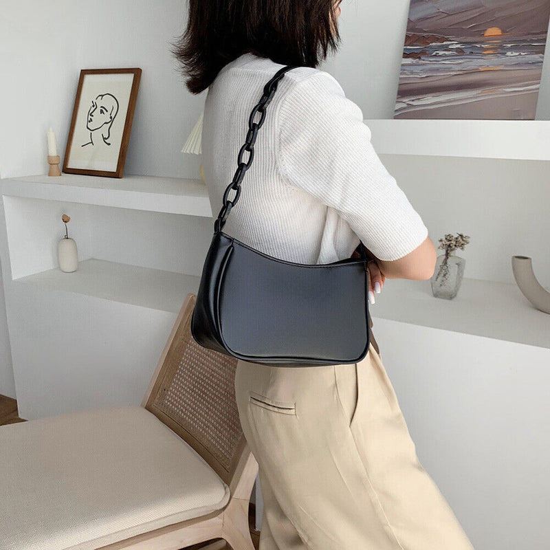 Pure Soft Leather Women Handbag Small Underarm Shoulder Totes Bag (Black)