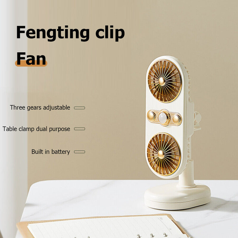 #A Desktop Electric Fan Double Head Clip-on Fan USB Charging Cooling Equipment