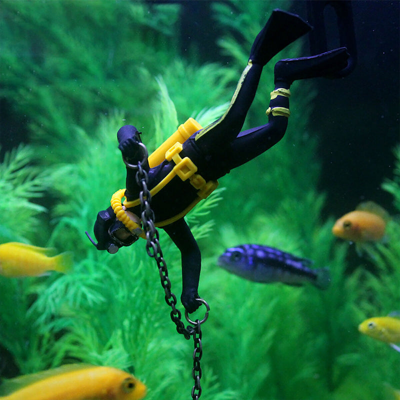 Fish Tank Treasure Chest Diver Live-Action Aerating Aquarium Decor (Black) Newly