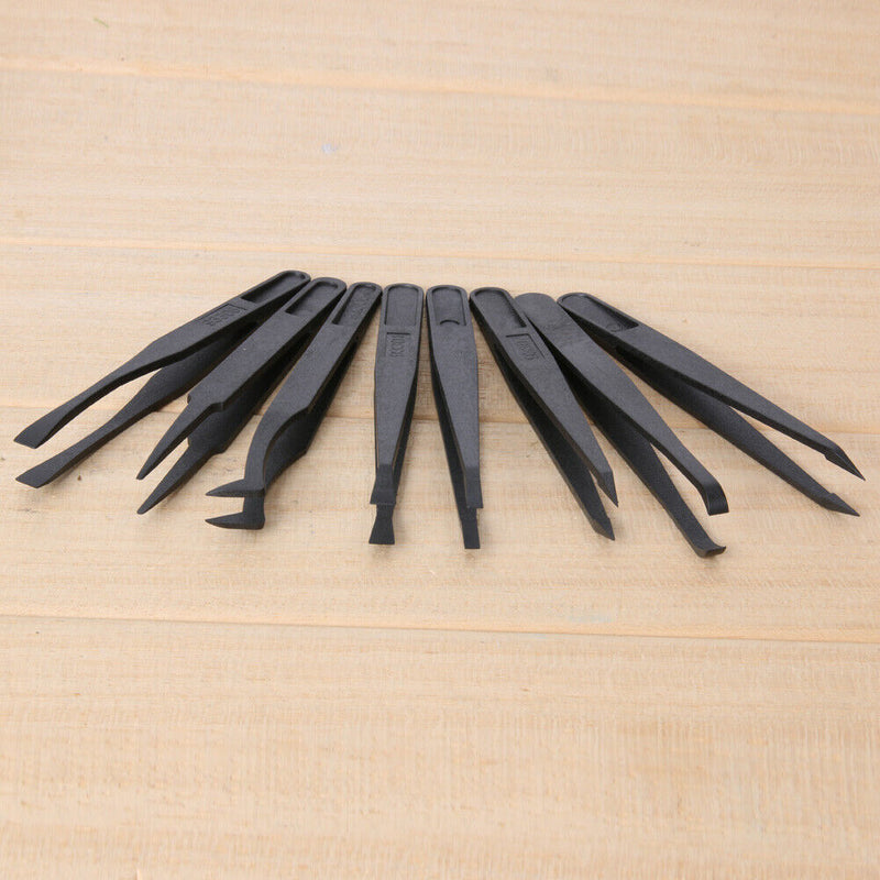 8pcs Portable Black Anti-static Plastic Tweezer Heat Resistant Repair Tool Newly