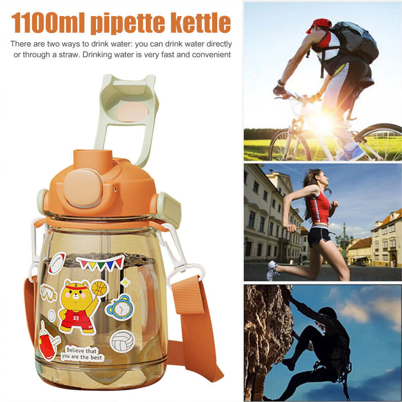 1100ml Straw Big Belly Water Cup Drinking Water Bottle w/ Stickers (Orange)
