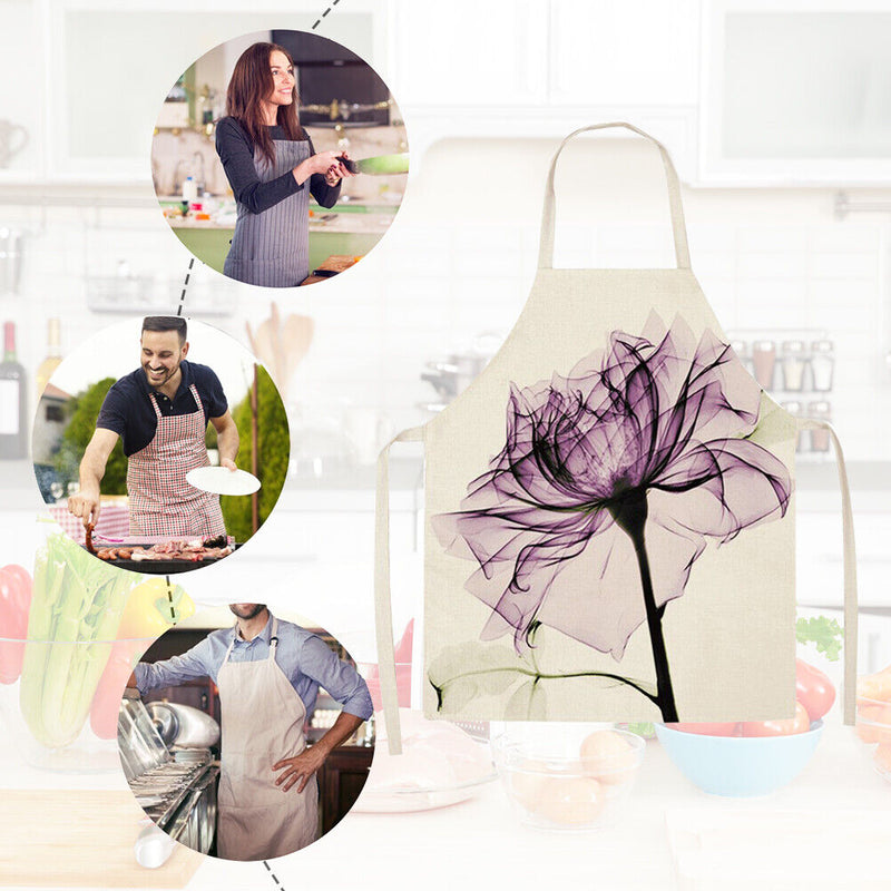 Kitchen Linen Apron Purple Flower Print Home Cooking Baking Bibs Accessories