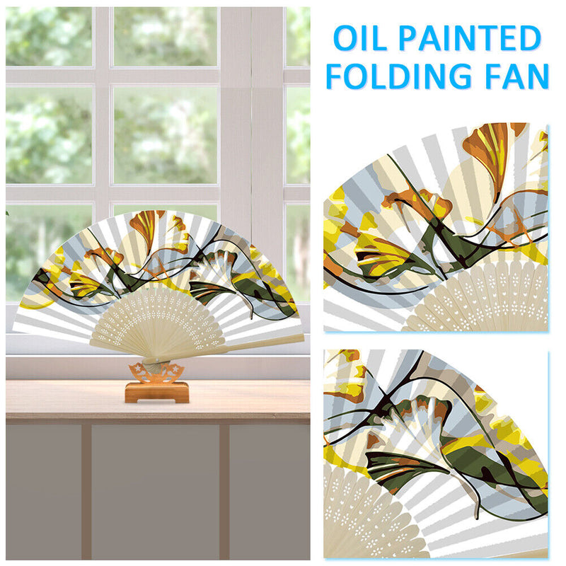 Handmade Oil Painting Ginkgo Leaf Folding Fan By Numbers DIY Painted Craft