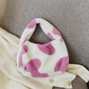 Women Soft Warm Plush Heart Pattern Handbags Female Travel Fluffy Underarm Bags