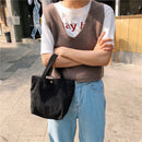 Casual Corduroy Shoulder Bag Women Mini Bento Solid Top-handle Tote (Black)