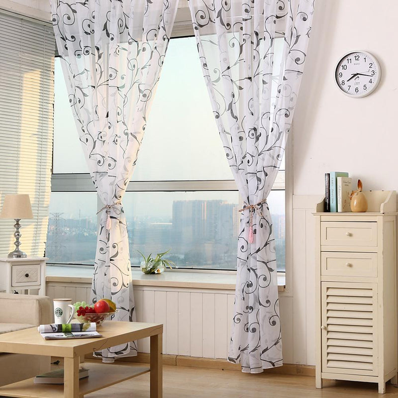 Transparent Voile Floral Print Curtains Bedroom Window Door Curtain (Black)