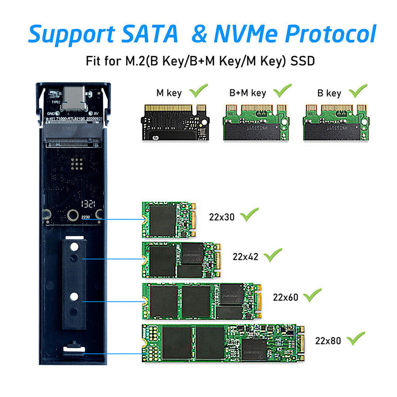 SSD M.2 NVME to USB 3.1 Adapter PCIE NGFF Dual Protocol Enclosure (Smooth)