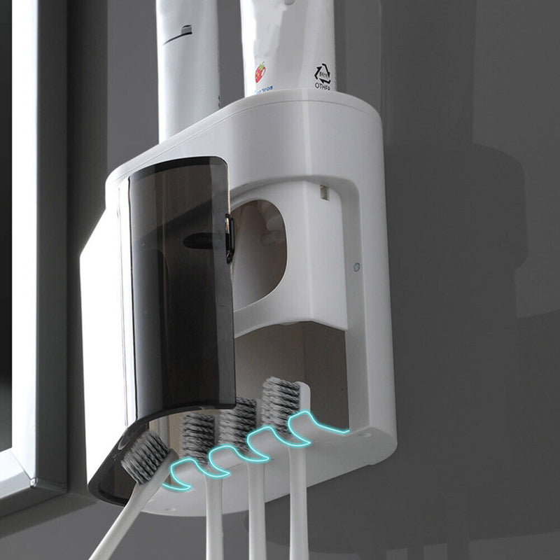 Wall Toothpaste Dispenser Squeezer Dust-proof Toothbrush Holder Storage She