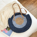 Women Color Patchwork Woven Round Straw Rattan Bag Shoulder Crossbody Handbag