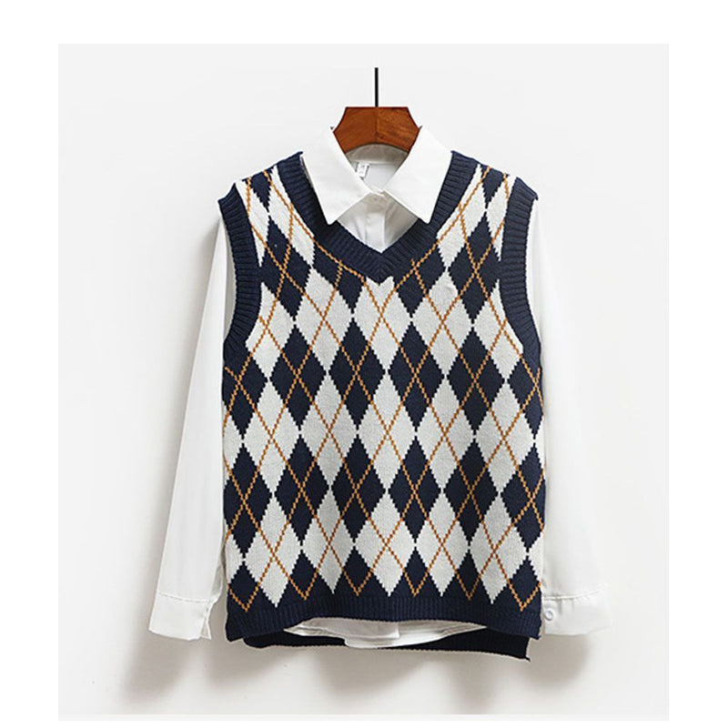 Y2K Loose sweater V Neck Knitwear top Plaid Knitted Sleeveless Sweater Vest