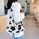 Fashion Women Flower Plush Shoulder Bag Winter Hit Color Handbag (Black)