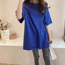 Summer Half Sleeve Long T-shirt Candy Color Loose Women Tops (Dark Blue M)