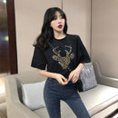 Women T-Shirt Short Sleeve Leopard Deer Print Summer Casual Tops (Black L)