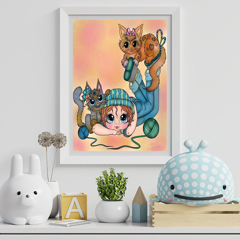5D DIY Diamond Painting Kits Full Round Drill Playful Cat Girl Meuse