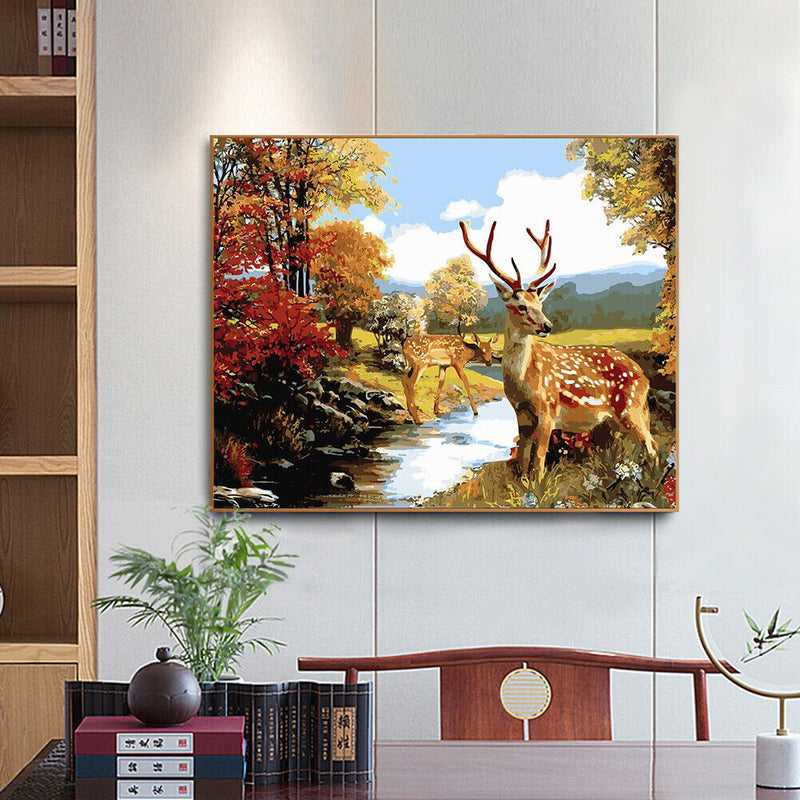 Deer by the Creek Oil Paint By Numbers DIY Canvas Wall Art Picture Craft Decor
