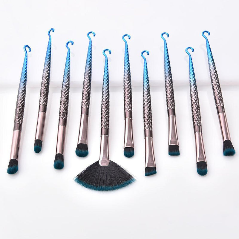 10pcs Mermaid Fish Hook Fan Shaped Foundation Powder Makeup Brushes Set(A)