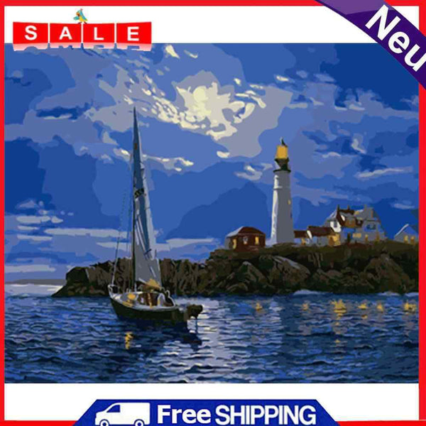 50x40cm Colorful DIY Paint By Number Kit Lighthouse Ship Abstract Decor Gift Art