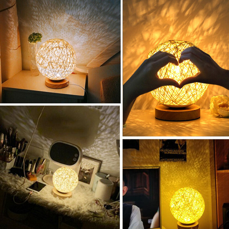 15cm LED Rattan Ball Wood Night Light Wooden Table Lamp Home Bedroom Decor Gift