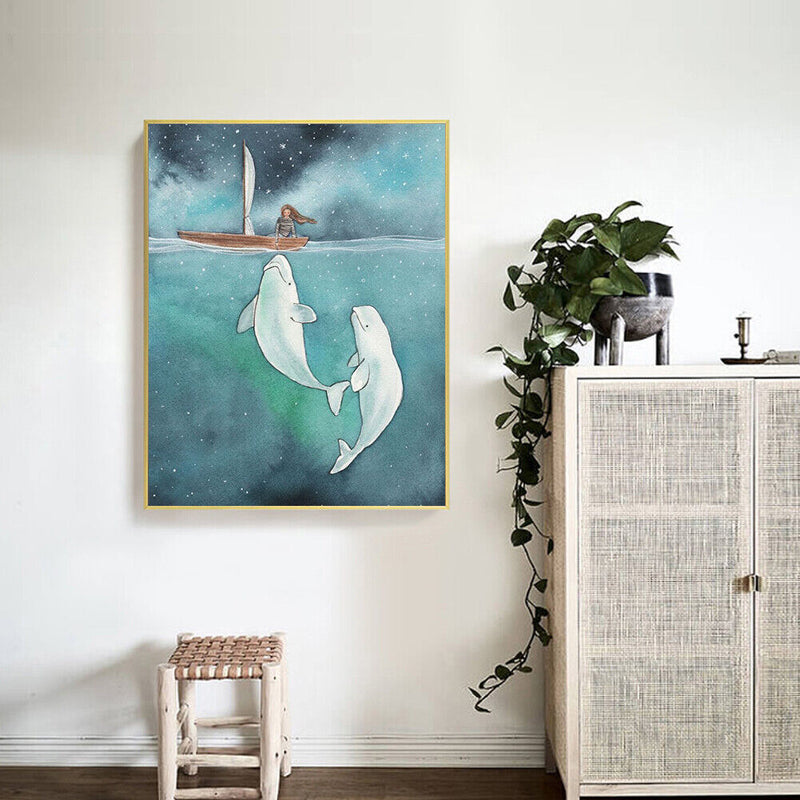 Frameless Oil Paint By Numbers DIY White Dolphin Girl Picture Craft Kit for Home