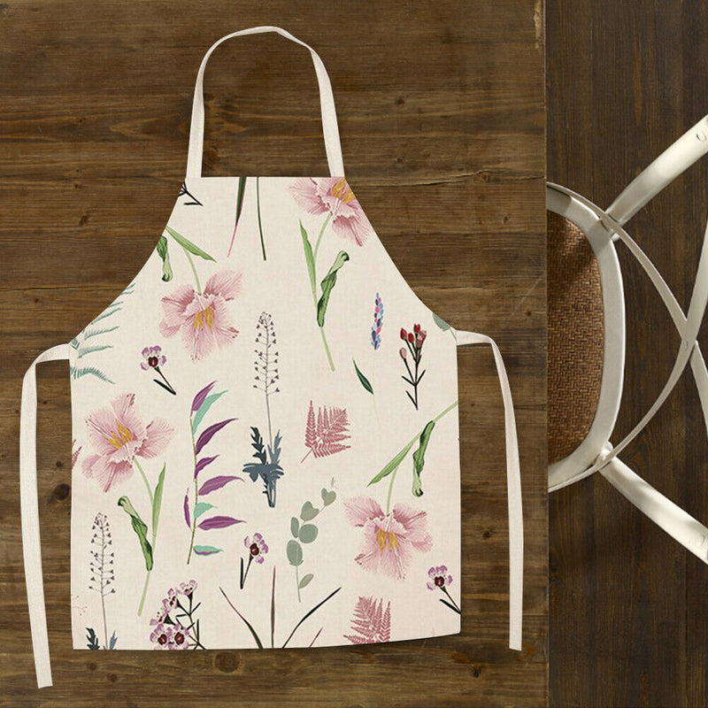 Fresh Flower Printed Linen Apron Kitchen Waterproof Bibs Pinafore (82x68cm)