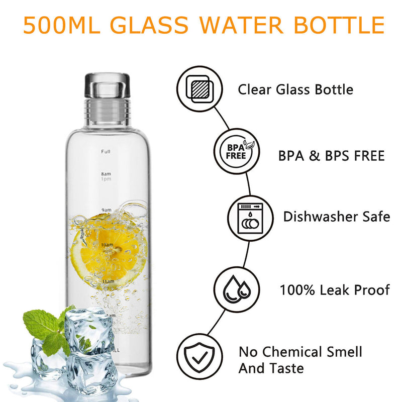 Motivational Glass Water Bottle Time Marker & Leakproof Design (500ml) Newly