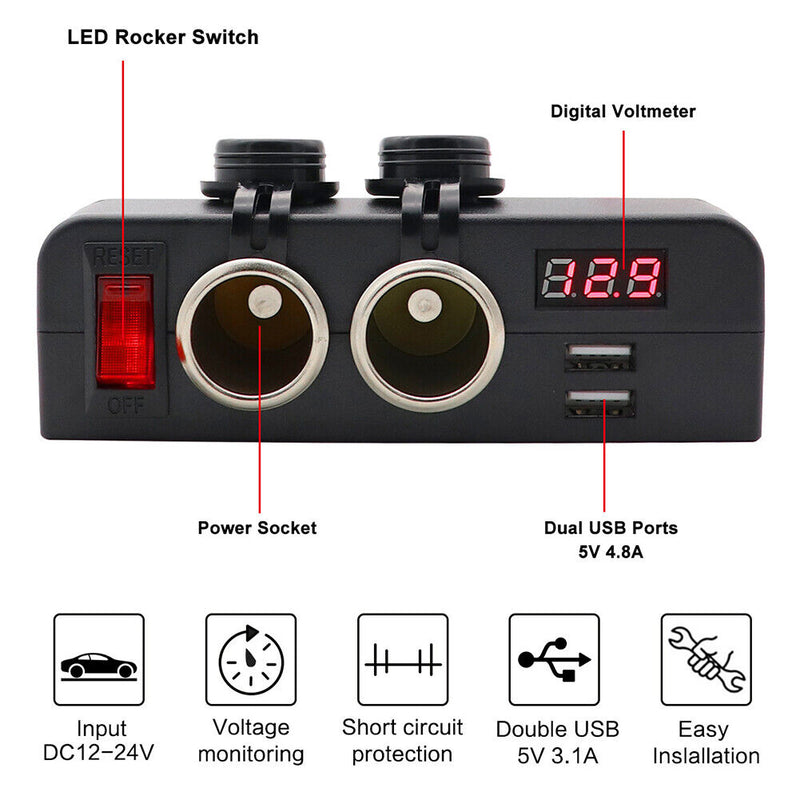 Cigarette Lighter Socket USB Car Charger Voltmeter with Rocker Switch+Wire Newly