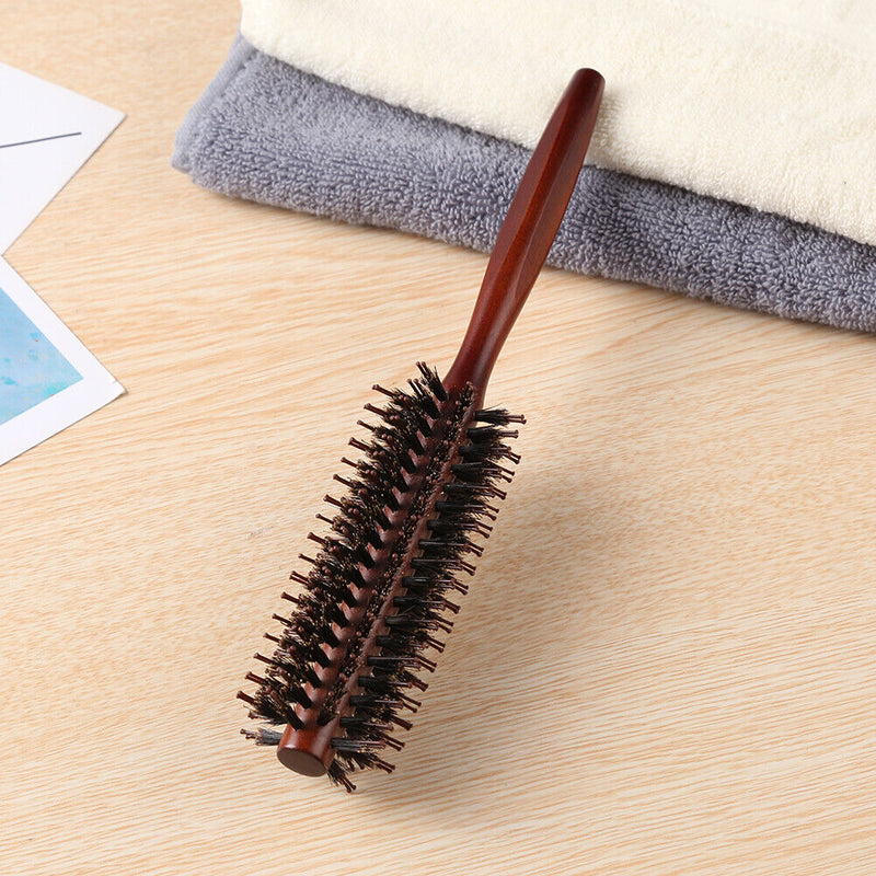 Wooden Handle Curling Hair Comb Boar Bristle Round Hairbrush Hairdressing T