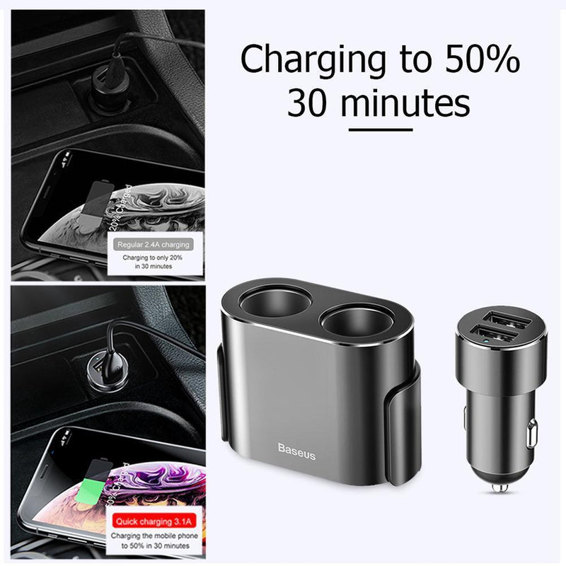 Baseus 5V/3.1A 2 USB Fast Charging Car Lighter Socket Splitter (Black) Newly