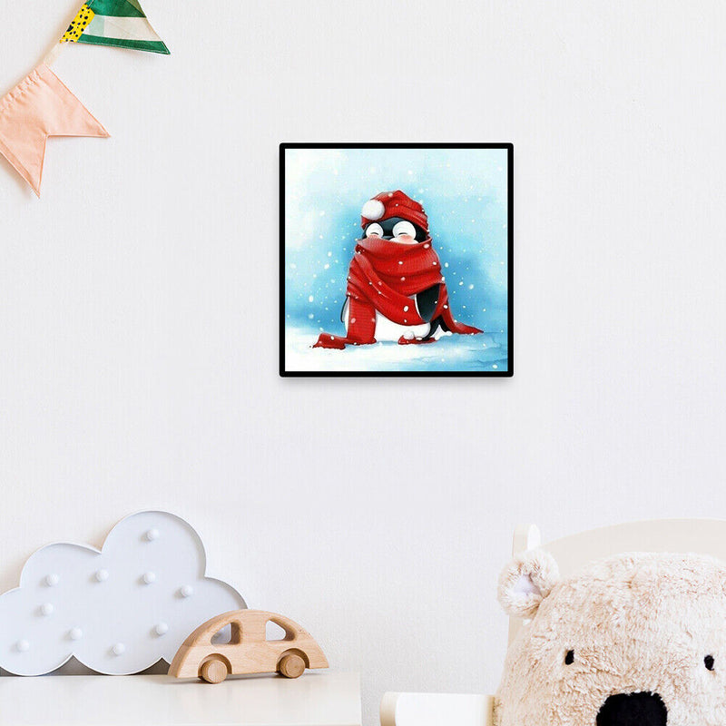 Frameless Oil Paint By Numbers Kit Acrylic Red Scarf Penguin Drawing On Can