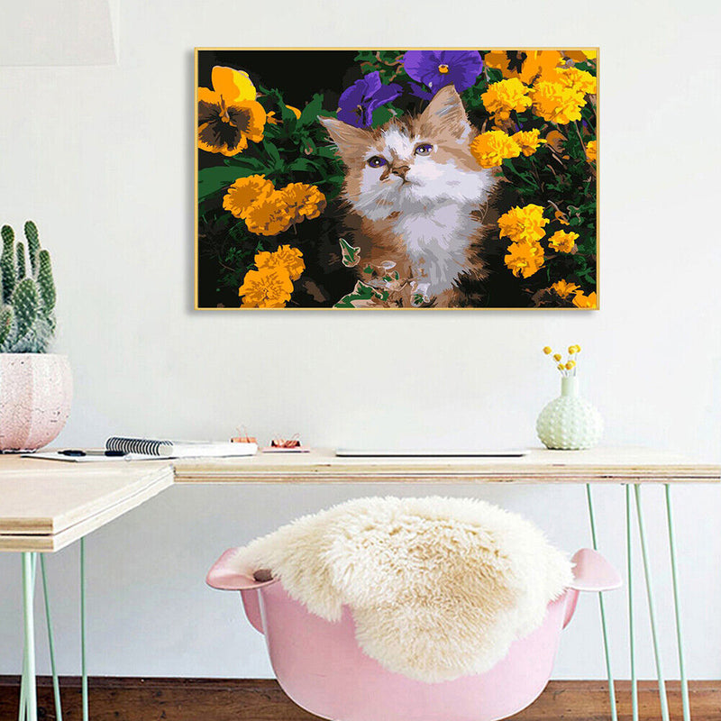 DIY Digital Painting By Numbers Cat Flower Frameless Canvas Picture Modern Art