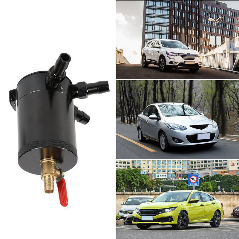 3-Port Baffled Oil Catch Can Tank 2 Inlets 1 Outlet with Drain Valve Black