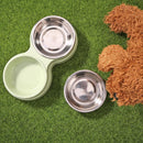 Dog Double Bowl Puppy Food Feeder Stainless Steel Pet Drinking Dish (Green)