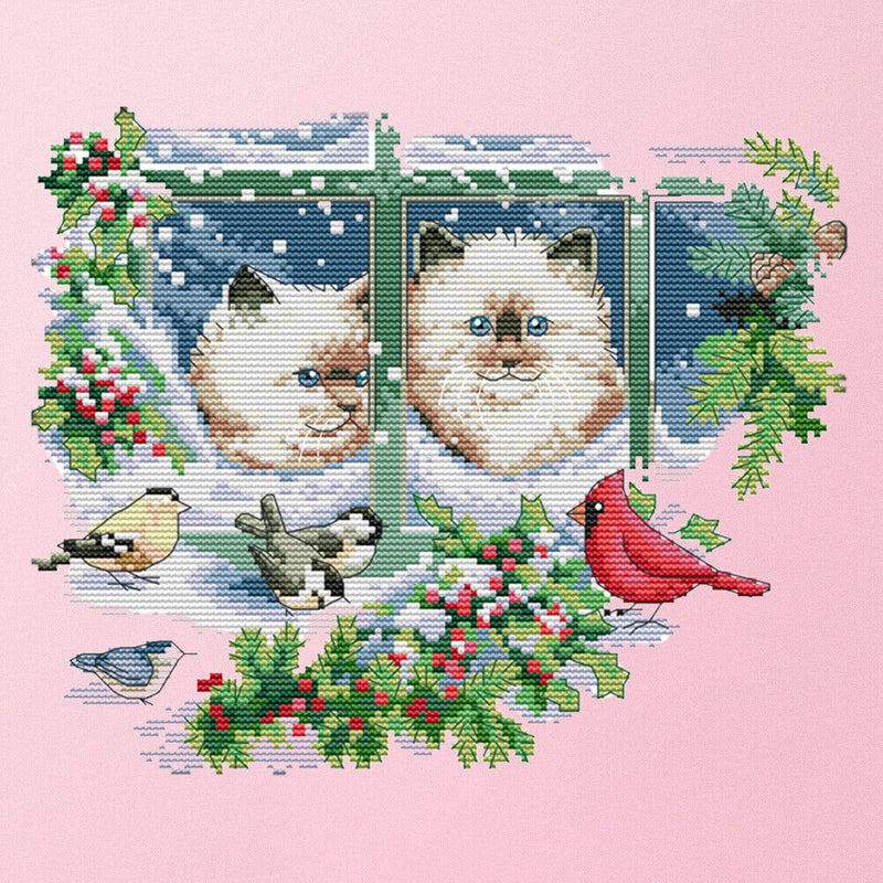 Stamped Cross Stitch Winter Kitties 2-Strand 14CT Embroidery DIY Set (D379)