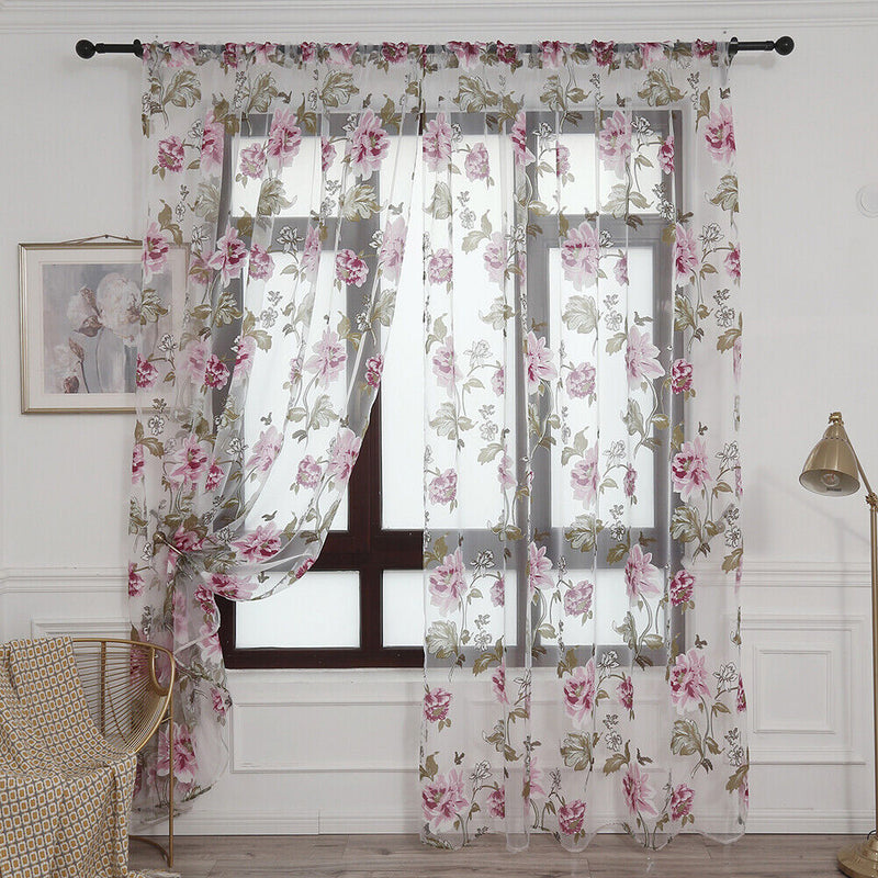 Peony Tulle Curtains for Living Room Floral Window Sheer Curtain (Pink) Newly