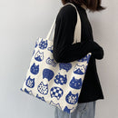 Women Cartoon Cat Print Shopping Bags Casual Large Capacity Canvas Shoulder Bag