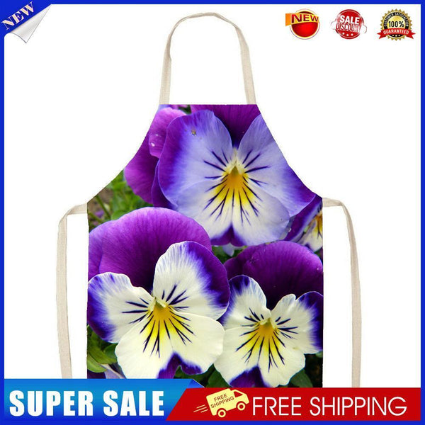 Purple Flower Linen Apron Waterproof Kitchen Cooking Bib Pinafore (82x68cm)